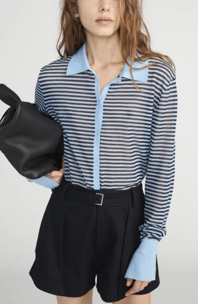Frame The Collared Stripe Cottpn Blend Cardigan In Blue