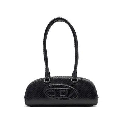 Diesel Elongated Bowling Dome Shoulder Bag In Smooth Black Leather