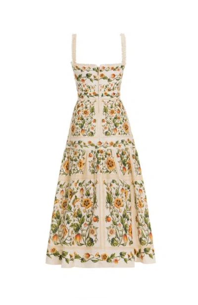 Agua By Agua Bendita Nispero Tiered Embroidered Printed Linen Midi Dress In Multi