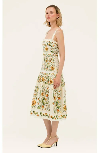 Agua By Agua Bendita Nispero Tiered Embroidered Printed Linen Midi Dress In Multi