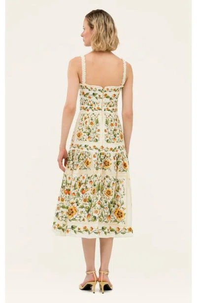 Agua By Agua Bendita Nispero Tiered Embroidered Printed Linen Midi Dress In Multi