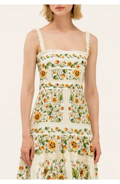 Agua By Agua Bendita Nispero Tiered Embroidered Printed Linen Midi Dress In Multi