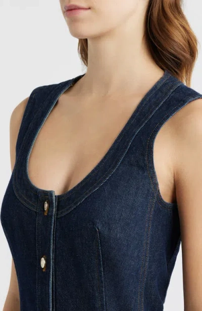 Frame Paneled Recycled Denim Mini Dress In Blue
