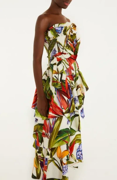 Farm Rio Florart Strapless High Low Cotton Dress In Multi