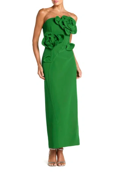 Mac Duggal Crepe Strapless Midi Dress With 3d Flower Detail In Green