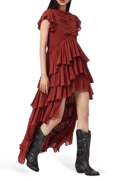 Allsaints Shaela Tiered Ruffle High-low Dress In Brown