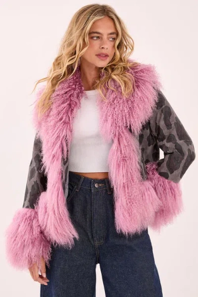 Nasty Gal Printed Shearling Leather Jacket In Multi