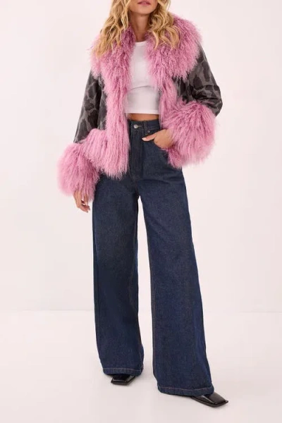 Nasty Gal Printed Shearling Leather Jacket In Multi