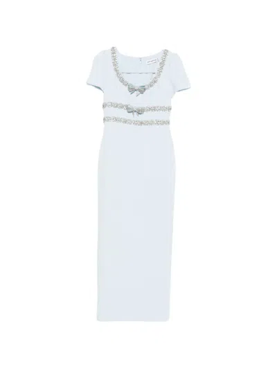 Self-portrait Bow-detailed Crystal-embellished Crepe Maxi Dress In Blue