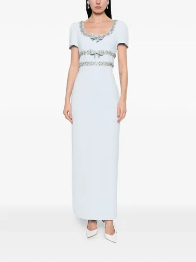 Self-portrait Bow-detailed Crystal-embellished Crepe Maxi Dress In Blue