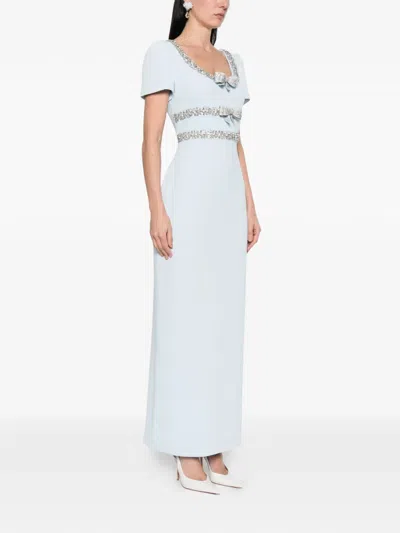 Self-portrait Bow-detailed Crystal-embellished Crepe Maxi Dress In Blue