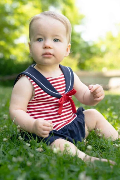 Florence Eiseman Stripe Knit Romper With Sailor Collar In Red