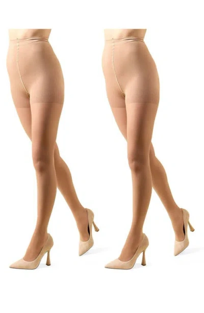 Memoi 2-pack Control Top Tights In Brown
