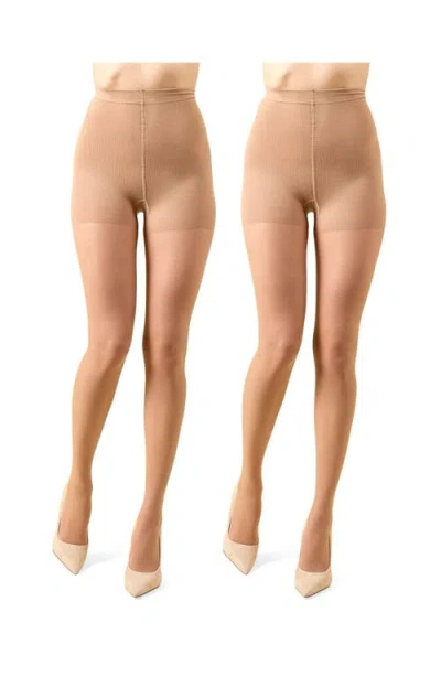 Memoi 2-pack Control Top Tights In Brown