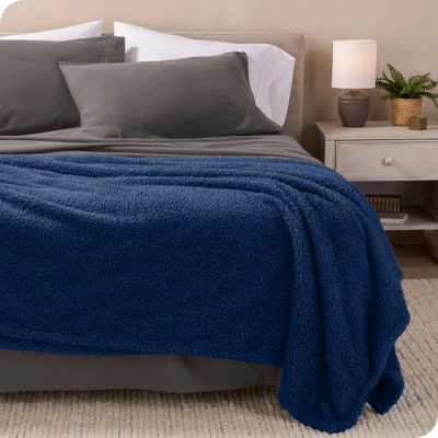 Bare Home Solid Faux Shearling Blanket In Blue