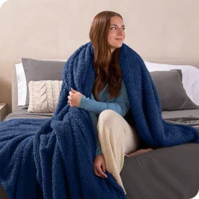 Bare Home Solid Faux Shearling Blanket In Blue