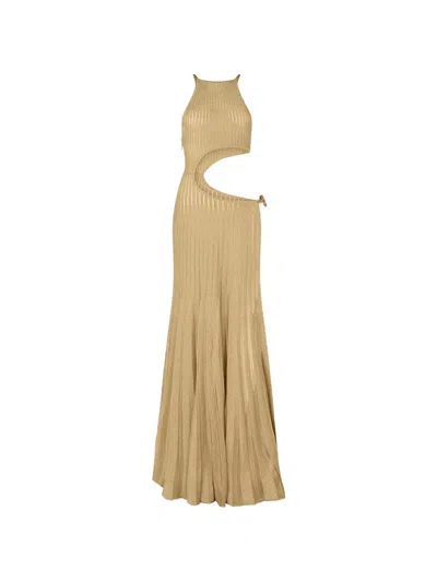 Roberto Cavalli Long Sheer Gold Dress With Cut-outs In Nude