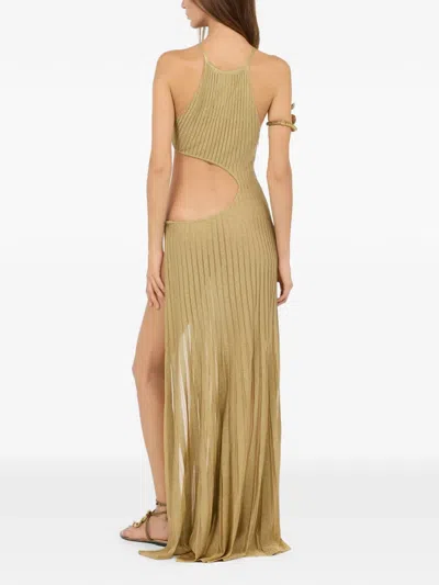 Roberto Cavalli Long Sheer Gold Dress With Cut-outs In Nude