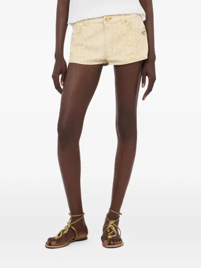 Roberto Cavalli White Micro Shorts With Gold Python Pattern In Neutral