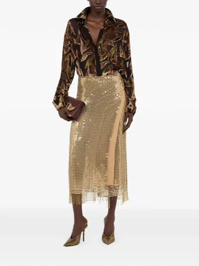 Roberto Cavalli Sequin Fringed Midi Skirt In Gold