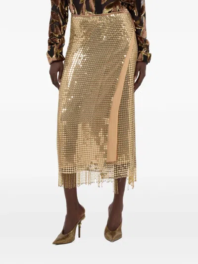 Roberto Cavalli Sequin Fringed Midi Skirt In Gold