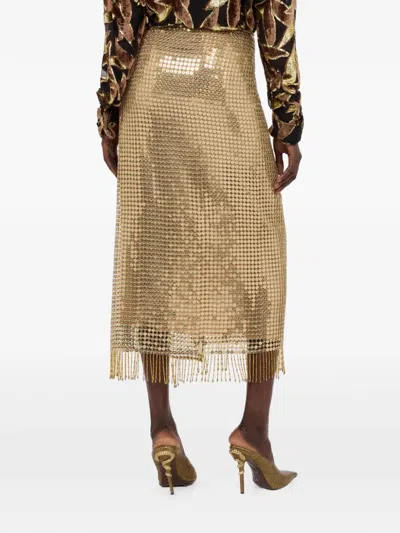 Roberto Cavalli Sequin Fringed Midi Skirt In Gold