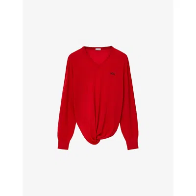 Loewe Asymmetric Draped Embroidered Wool-blend Sweater In Red