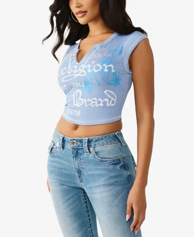 True Religion Crystal Embellished Buddha Crop Graphic T-shirt In Blue