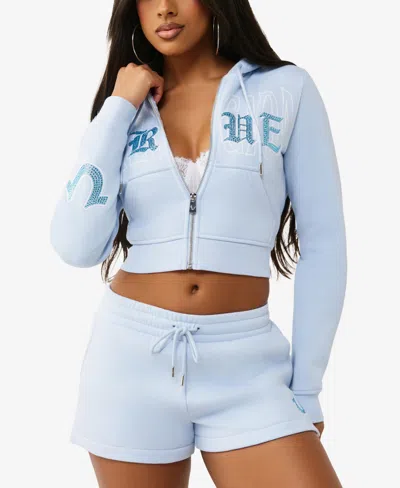True Religion Embellished Logo Crop Hoodie In Blue