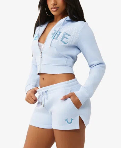 True Religion Embellished Logo Crop Hoodie In Blue