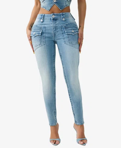 True Religion Women's Jennie Mid Rise Retro Pocket Flap Curvy Skinny Jean In Blue
