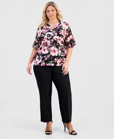 Anne Klein Essentials Plus Size Split-neck Printed Flutter-sleeve Top In Multi