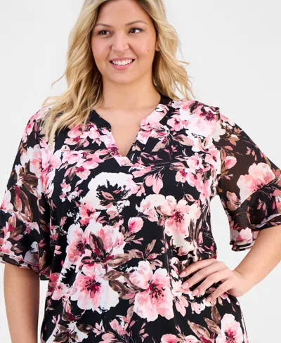 Anne Klein Essentials Plus Size Split-neck Printed Flutter-sleeve Top In Multi