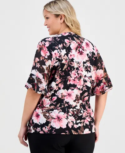 Anne Klein Essentials Plus Size Split-neck Printed Flutter-sleeve Top In Multi
