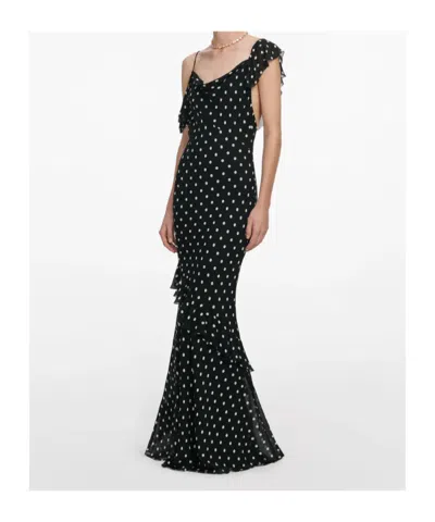 Self-portrait Long Dress Black Polka Dot With V-neck In Black Georgette For Women In Multi