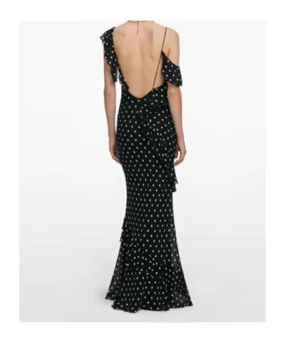 Self-portrait Long Dress Black Polka Dot With V-neck In Black Georgette For Women In Multi