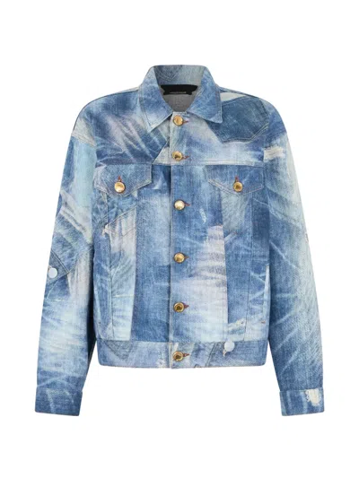 Roberto Cavalli Denim Jacket With Patchwork Effect In Blue