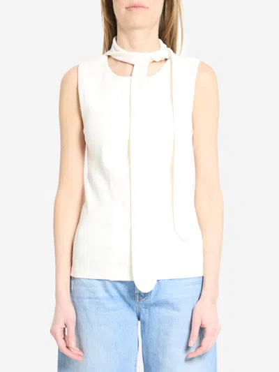 Lemaire Tie-neck Ribbed Stretch-cotton And Linen-blend Jersey Top In White