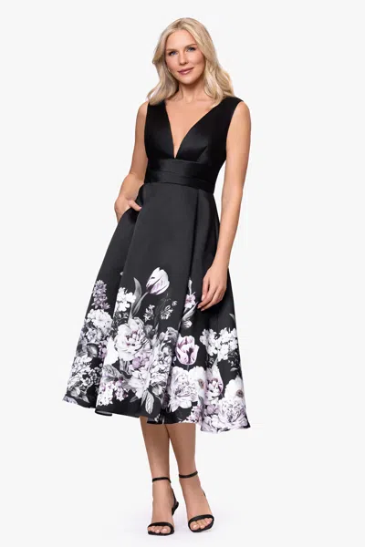 Betsy & Adam Floral Border Plunge Neck Cocktail Midi Dress In Black