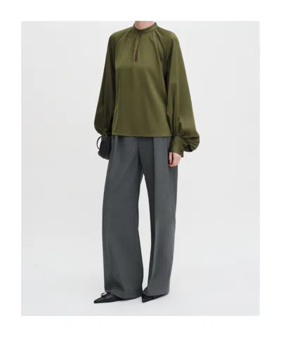 Filippa K Bishop-sleeve Satin Blouse In Green