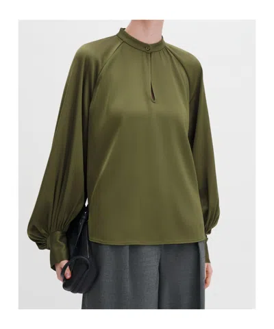 Filippa K Bishop-sleeve Satin Blouse In Green
