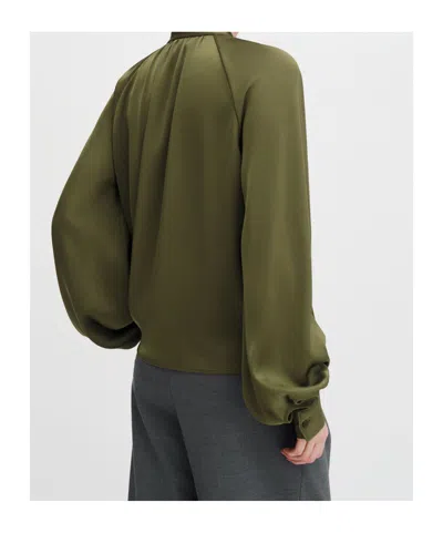 Filippa K Bishop-sleeve Satin Blouse In Green