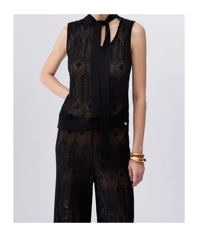Liu •jo Openwork Bow-collar Knit Top In Black