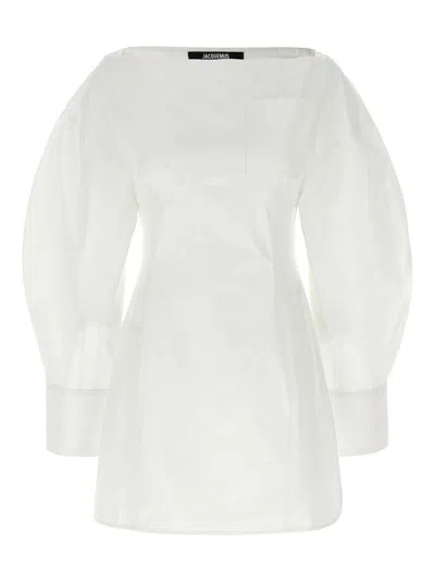 Jacquemus Off-the-shoulder Mini Dress With Chest Pocket In White