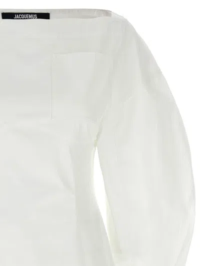 Jacquemus Off-the-shoulder Mini Dress With Chest Pocket In White