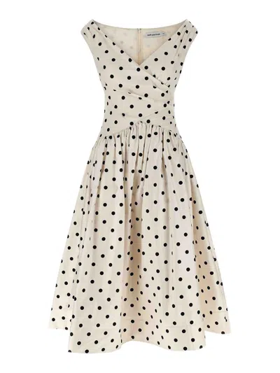 Self-portrait White Dress With All-over Polka Dot And Flared Skirt In Cotton Woman In Neutral