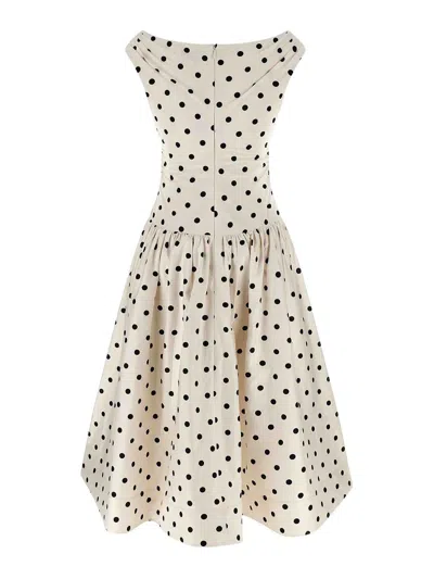 Self-portrait White Dress With All-over Polka Dot And Flared Skirt In Cotton Woman In Neutral