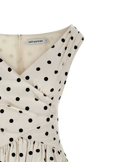 Self-portrait White Dress With All-over Polka Dot And Flared Skirt In Cotton Woman In Neutral