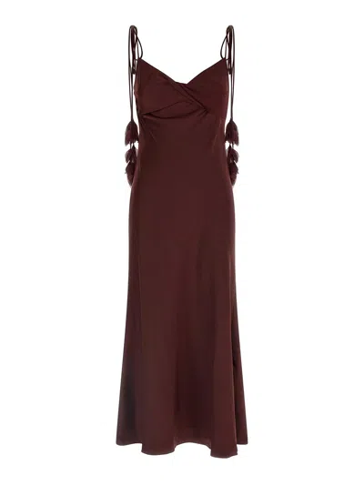 Self-portrait Bordeaux Long Dress With Knotted Shoulder Straps And Floral Details In Fabric Woman In Brown