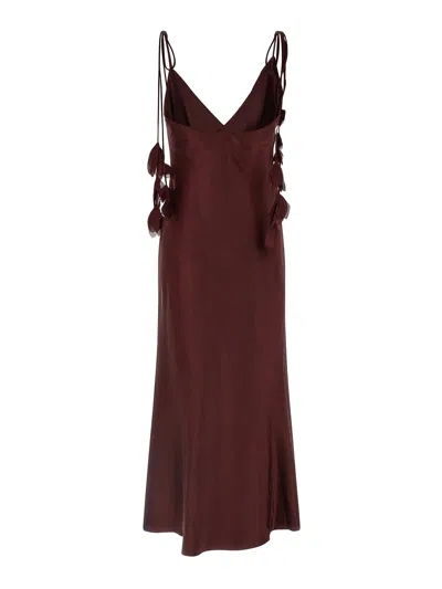 Self-portrait Bordeaux Long Dress With Knotted Shoulder Straps And Floral Details In Fabric Woman In Brown